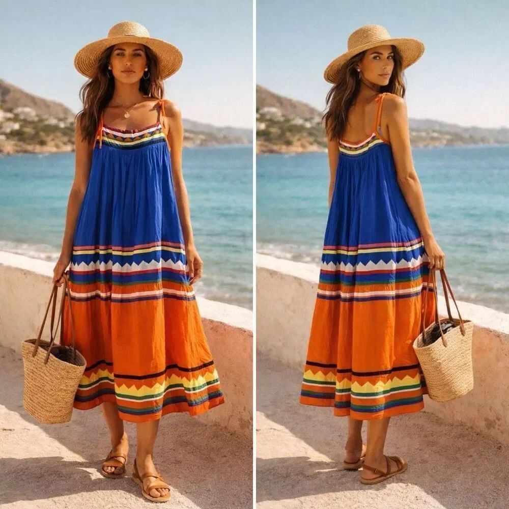 Handmade Boho Folk Colorblock Sundress Artisan Festival Midi Dress XS-S Resort